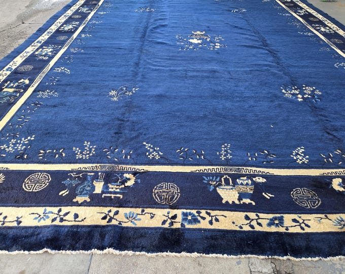 Peking Chinese Art Deco hard knotted wool rug with indigo blue field with multi colors border size 12'×15'