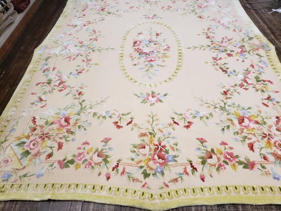 Art deco Chinese hook rug hook Chinese rug  hand made wool vintage hook rug floral design rug size 7'5"×9'8" wool oriental rug