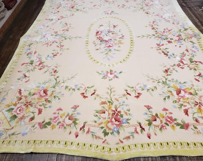 Art deco Chinese hook rug hook Chinese rug  hand made wool vintage hook rug floral design rug size 7'×9'8" wool oriental rug