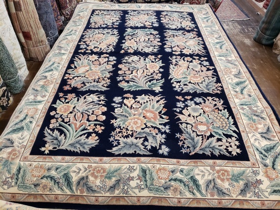 Chinese Art Deco Peking rug  120 line wool hand knotted  rug Aubusson Chinese rug size 6'×9'  English garden royal blue & beige Chinese rug