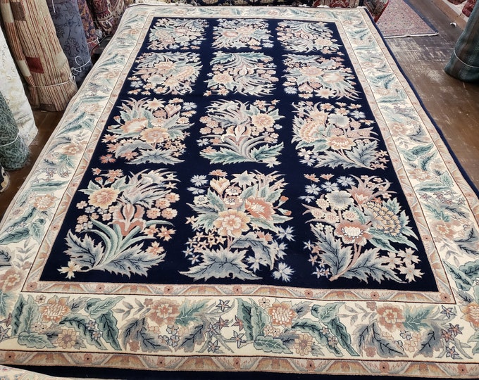 Chinese Art Deco Peking rug  120 line wool hand knotted  rug Aubusson Chinese rug size 6'×9'  English garden royal blue & beige Chinese rug