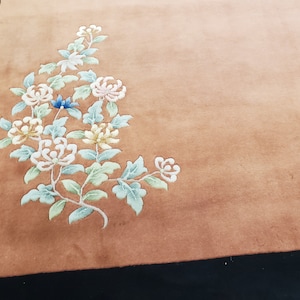 Alfombra china Art Deco de Pekín, 90 hilos, lana anudada a mano, color melocotón y negro, excelente calidad, lana vintage, tamaño grande, 6&#39;×9&#39;