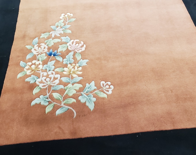 Art Deco  Chinese rug Peking rug  90 line wool hand knotted peach and black rug excellent quality wool vintage lsize 6'×9'