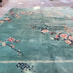 Art deco Chinese rug 1930&#39;s vintage antique Chinese rug wool  Chinese nicols green  size 12&#39;×16&#39;