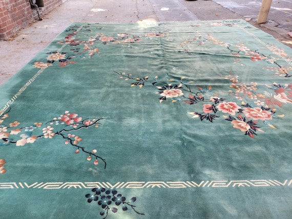 Art deco Chinese rug 1930's vintage antique Chinese rug wool  Chinese nicols green  size 12'×16'