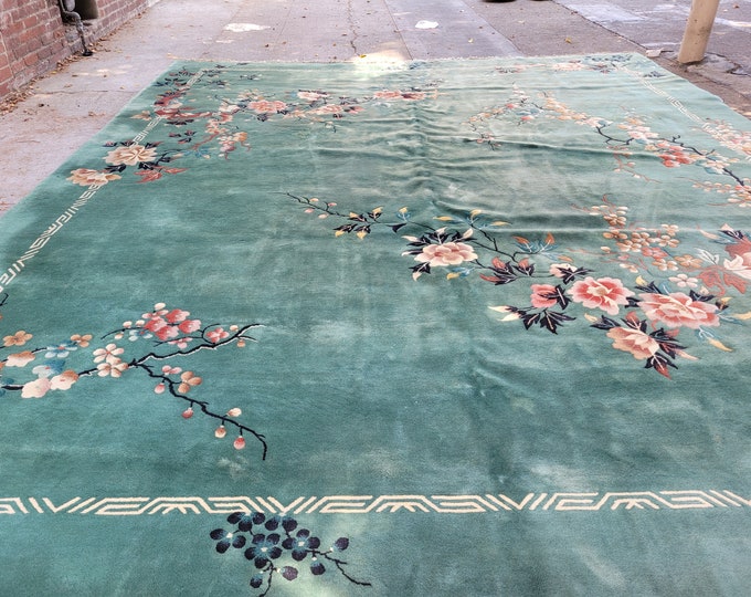 Art deco Chinese rug 1930's vintage antique Chinese rug wool  Chinese nicols green  size 12'×16'