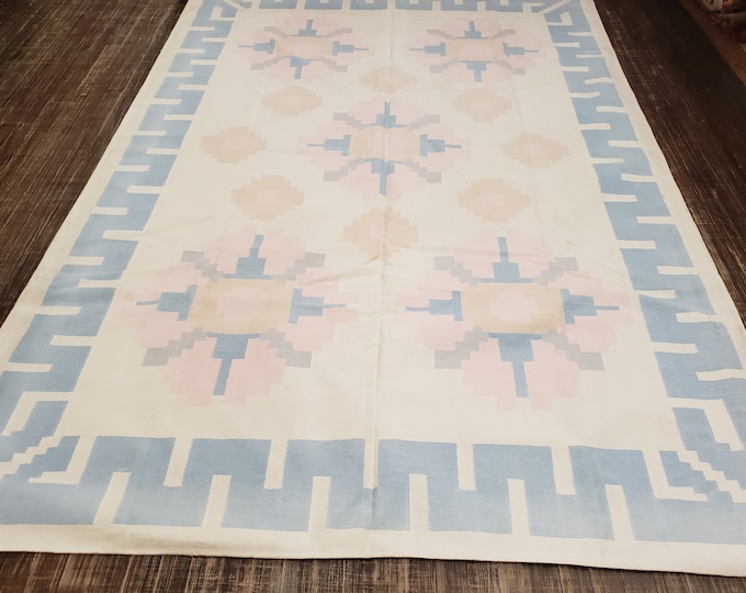 Handwoven Indian Dhurrie rug Flatweav pastel Dhurrie kelim wool Dhurrie rug 6'×9' cotton Dhurrie