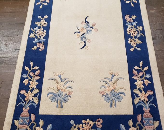 Chinese Art Deco Peking rug  90 line wool hand knotted  rug wool vintage rug size 3'×5' oriental rug  blue and tan Chinese rug aubsson  rug