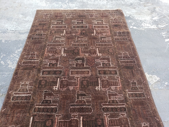 Afgan Turkmen Balochy war rug with tanks brown Bokhara wool tribal rug vintage rug distress handwoven oriental geometric rug size 4'×6'9"
