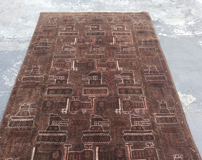 Afgan Turkmen Balochy war rug with tanks brown Bokhara wool tribal rug vintage rug distress handwoven oriental geometric rug size 4'×6'9"