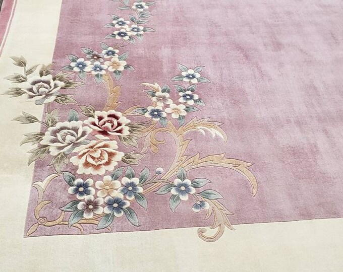 Chinese Art Deco Peking rug  120  line wool hand knotted excellent quality wool vintage rug size 9'×12" oriental rug  pink Chinese rug