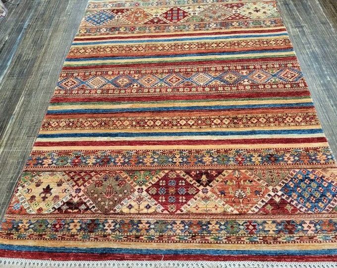 Afgan kazak Pakistani kazak  tribal rug hand knotted rug  transitional rug green and red  kazak size 5'×6'7"