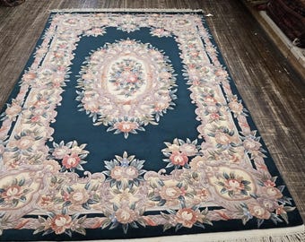 Vintage Chinees art-deco wollen vloerkleed, bosgroene peking bloemen (6'x9')