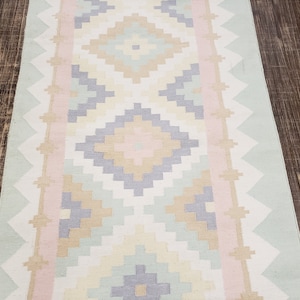 May include: A white, pink, beige, and light blue geometric patterned rug with a diamond pattern. The rug has a light blue border.