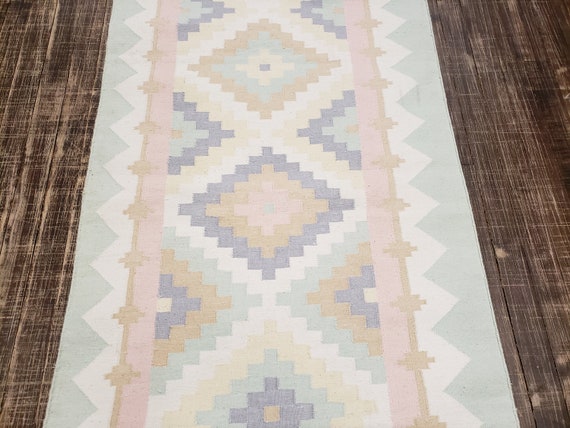 Handwoven Indian Dhurrie rug Flatweav pastel Dhurrie kelim wool Dhurrie rug 2'6"×10' cotton Dhurrie