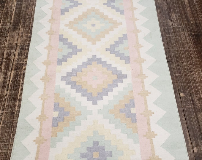 Handwoven Indian Dhurrie rug Flatweav pastel Dhurrie kelim wool Dhurrie rug 2'6"×10' cotton Dhurrie