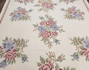Vintage Portuguese Needlepoint Rug, Floral Aubusson Style, 6x9