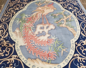Art Deco  Chinese rug Peking rug  90 line wool hand knotted beige rug excellent quality wool vintage with birds and Rooster size 6&#39;×9&#39;