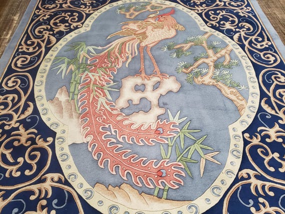 Art Deco  Chinese rug Peking rug  90 line wool hand knotted beige rug excellent quality wool vintage with birds and Rooster size 6'×9'