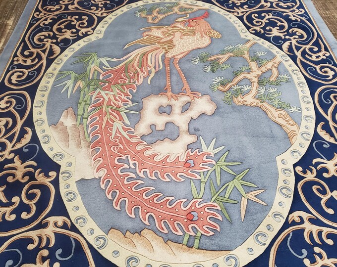 Art Deco  Chinese rug Peking rug  90 line wool hand knotted beige rug excellent quality wool vintage with birds and Rooster size 6'×9'