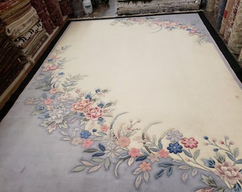 Chinese Art Deco Peking rug  90 line wool hand knotted  rug Aubusson Chinese rug  size 10'×14' oriental rug blue,beige,black,pink Chinese ru