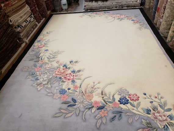 Chinese Art Deco Peking rug  90 line wool hand knotted  rug Aubusson Chinese rug  size 10'×14' oriental rug blue,beige,black,pink Chinese ru