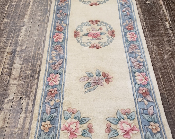 Chinese Art Deco Peking rug   runner wool hand knotted  rug excellent quality wool New rug size 2'3"×7'5" light blue border beje background