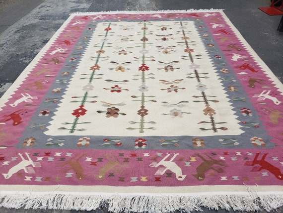 Handwoven Indian Dhurrie rug Flatweav black Dhurrie kelim wool Dhurrie rug Art Deco design Art and crafts design sino kelim sino kelim 8'×10