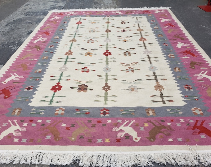 Handwoven Indian Dhurrie rug Flatweav black Dhurrie kelim wool Dhurrie rug Art Deco design Art and crafts design sino kelim sino kelim 8'×10