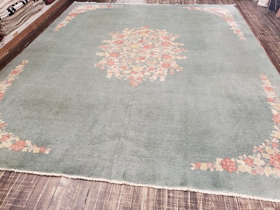 Art deco Chinese rug 1930's vintage antique Chinese rug wool  Chinese nicols green  size 8'1×10'