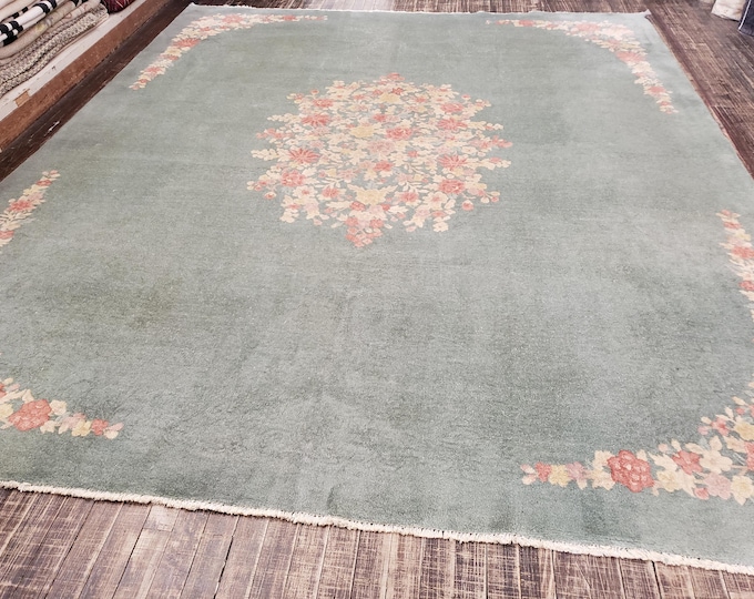 Art deco Chinese rug 1930's vintage antique Chinese rug wool  Chinese nicols green  size 8'1×10'