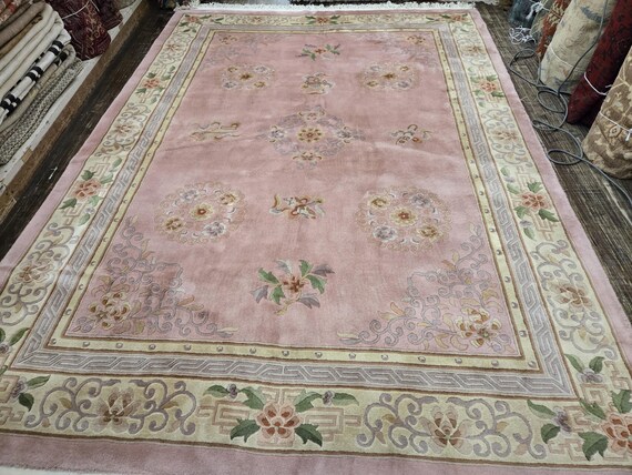 Chinese Art Deco Peking rug  90 line wool hand knotted  rug Aubusson vintage Chinese rug size 8'×11' oriental rug pink&beige Chinese rug