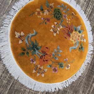 Chinese art Deco antique art Deco hand knotted wool rug with gold feld with multi color border Nicole Chinese size 3&#39;×3&#39;