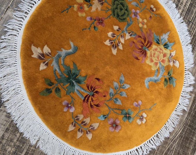 Chinese art Deco antique art Deco hand knotted wool rug with gold feld with multi color border Nicole Chinese size 3'×3'