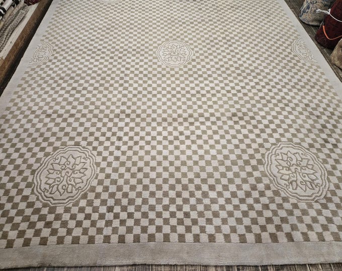 Chinese Art Deco Peking Tibetan Nepal rug hand knotted Modern design excellent quality wool rug  gold&gray rug  size 9'×12'