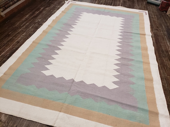 Handwoven Indian Dhurrie rug Flatweav pastel Dhurrie kelim wool Dhurrie rug 6'4"×9'3" cotton Dhurrie