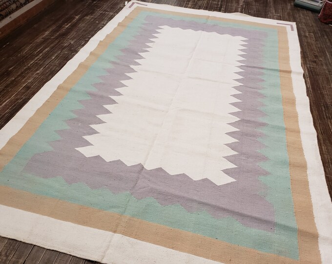 Handwoven Indian Dhurrie rug Flatweav pastel Dhurrie kelim wool Dhurrie rug 6'4"×9'3" cotton Dhurrie