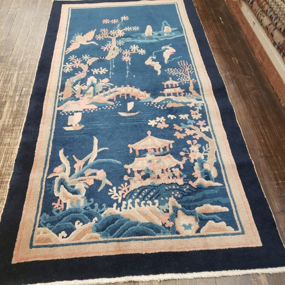 Peking Chinese Art Deco hard knotted wool rug with gray feld with multi colors border with indigo blue and pink this rug measures 3'2"×6'