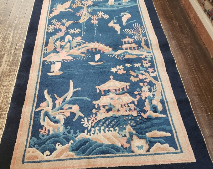 Peking Chinese Art Deco hard knotted wool rug with gray feld with multi colors border with indigo blue and pink this rug measures 3'2"×6'