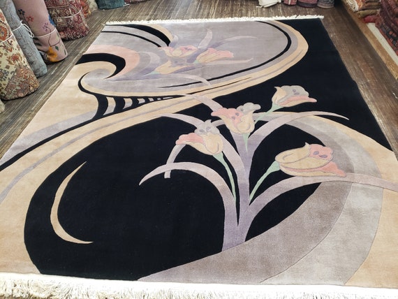 Chinese Art Deco Peking rug  120 line wool hand knotted  rug Aubusson Chinese rug size 8'×10' oriental rug  black&beige Chinese rug