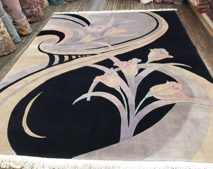 Chinese Art Deco Peking rug  120 line wool hand knotted  rug Aubusson Chinese rug size 8'×10' oriental rug  black&beige Chinese rug