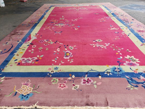 Peking Chinese Antigue  Art Deco vintage Chinese hand knotted wool rug Nicholas Chinese  with  fuchsia & green size 11' x 18'3"