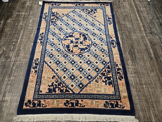 Chinese Art Deco Peking rug  120 line wool hand knotted  rug Aubusson Chinese rug size 4'×6' oriental rug  indigo blue colors Chinese rug