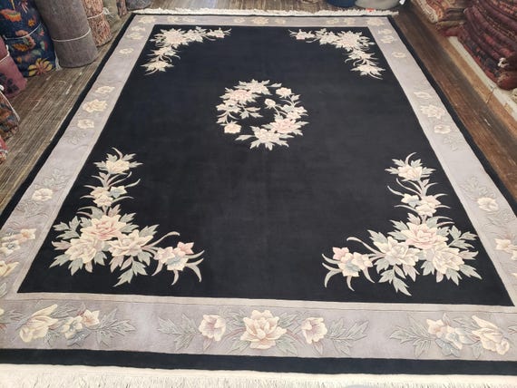 Chinese Art Deco Peking rug 120 line wool hand knotted  rug Aubusson Chinese rug size 8'3"×11'2" oriental rug black & Gary Chinese rug