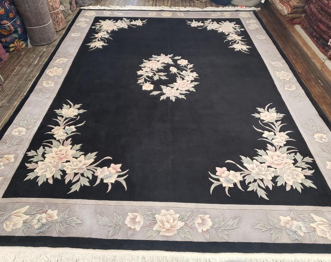 Chinese Art Deco Peking rug 120 line wool hand knotted  rug Aubusson Chinese rug size 8'3"×11'2" oriental rug black & Gary Chinese rug