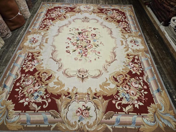 Aubusson rugs  french Aubusson flat wove rug Savanery rug Flemish carpet wool Aubusson rug European rugs,Needlepoint red  Aubusson 8'×10'