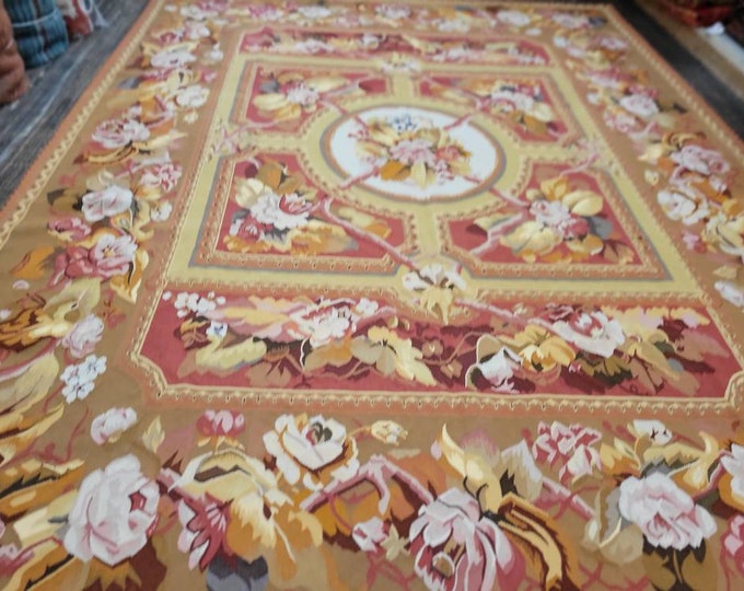 Aubusson rugs  french Aubusson flat wove rug Savanery rug Flemish carpet wool Aubusson rug European rugs,Needlepoint gold Aubusson 8'2"×11'