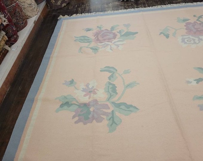 Handwoven Indian Dhurrie rug Flatweav pastel Dhurrie kelim wool Dhurrie rug 8'×10'