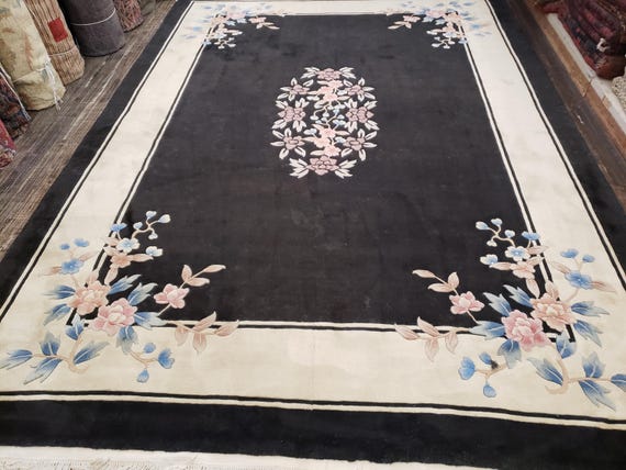 Chinese Art Deco Peking rug  90 line wool hand knotted  rug Aubusson Chinese rug size 8'4"×11'9" oriental rug  black&beige Chinese rug