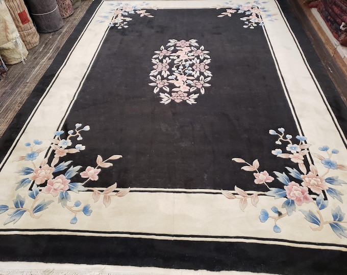 Chinese Art Deco Peking rug  90 line wool hand knotted  rug Aubusson Chinese rug size 8'4"×11'9" oriental rug  black&beige Chinese rug